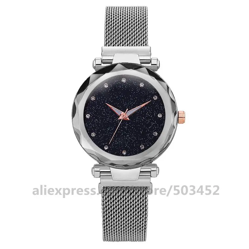 silver alloy case 100 шт./лот, женские часы с цветным сетчатым ремешком, кристальным циферблатом, без логотипа, кварцевые наручные часы,, женские сетчатые часы для ленивых, звездное небо - Цвет: silver alloy case