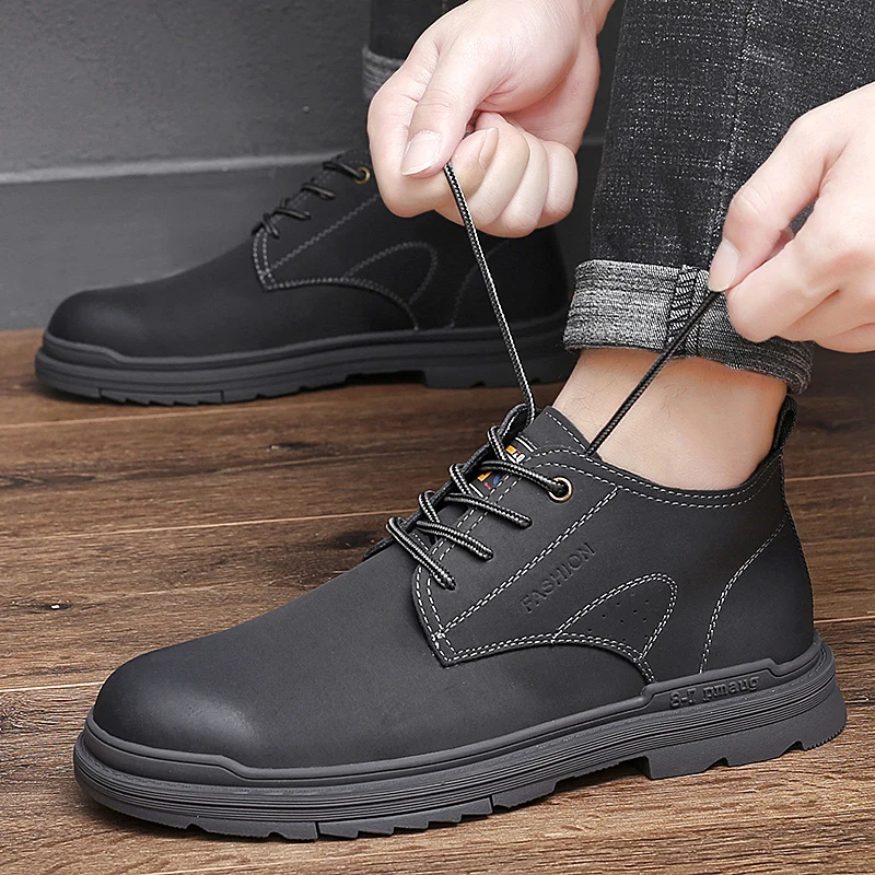 

New Genuine Leather Shoes Men Fashion Ankle Boots Male Brand Outdoor Shoes Lace-up Round Toe Adulto Luxury Footwear Mens Boots