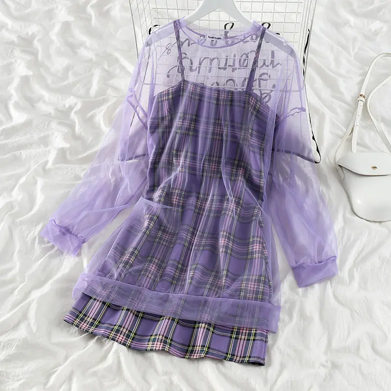 

.Single/set can be salted and sweetened two-piece female purple plaid sling dress + mesh sun protection shirt student suit y2k