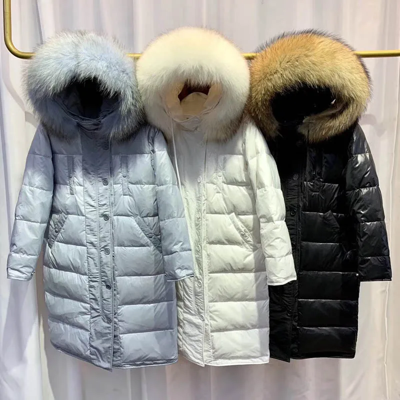 Женский двухсторонний длинный пуховик зимнее пальто на белом утином пуху