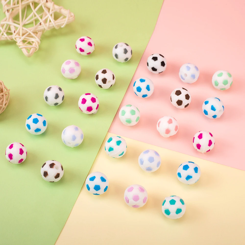Sunrony-Cuentas de silicona de 15mm para beb&eacute;, pulsera redonda de f&uacute;tbol de silicona de grado alimenticio, sin BPA, 10 piezas-0