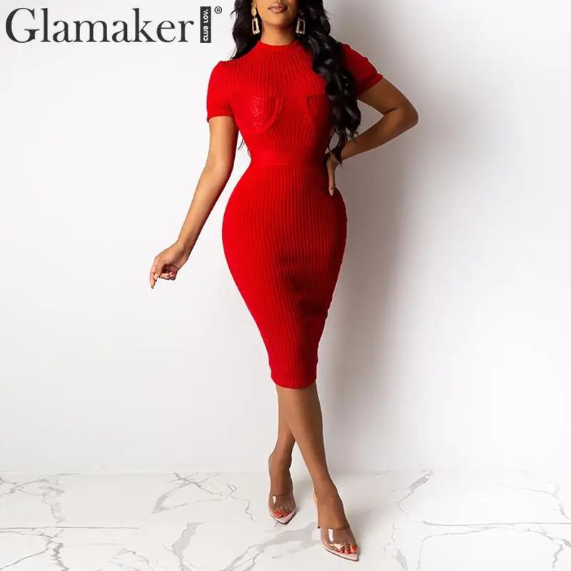 Вязаное платье Glamaker с круглым вырезом Красное Облегающее женское высокой талией