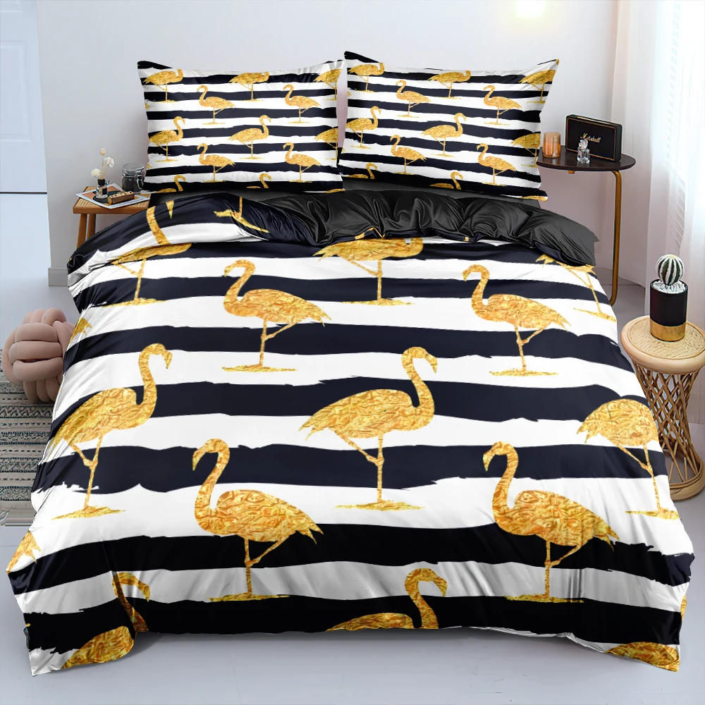 

3D Princess Duvet Cover Set Black-and-White Quilt Cover With Soft Pillowcases Gold Flamingo Pattern Twin Double Queen King Sizes