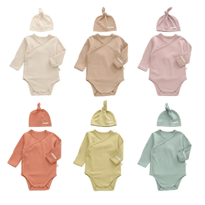 

2021 Fall Baby Clothing Long Sleeve Romper +Hat 2Pcs Outfit Solid Overalls Newborn Girls Boys Romper Jumpsuit Baby Kimono