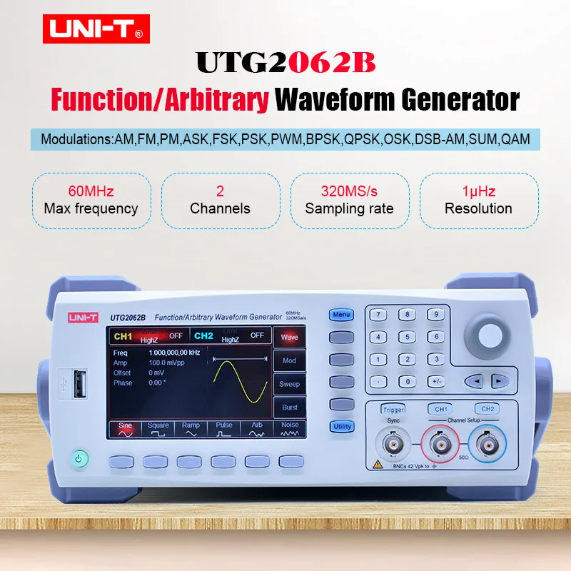 

UNI-T UTG2062B функция/произвольный генератор сигналов 2-канальный 320 мс/с 16-битный полупроводниковый тестер компонентов с вертикальным разрешением