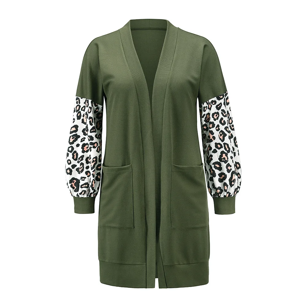 

Autumn And Winter Knitted Shirt Cardigan Coat Large Size Women's Mid-length Leopard Pattern Sleeve Clothing Jacket