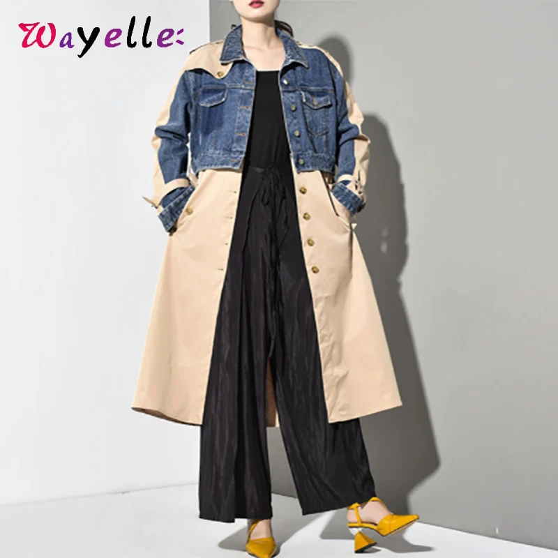 2019 Denim Split Joint Women Jacket and Coat Autumn Winter Lapel Long Sleeve Loose For Fashion Tide Lady | Женская одежда