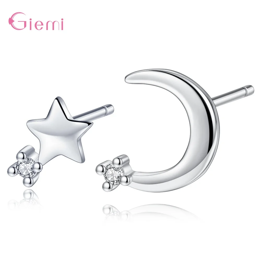 2019 модные стильные аутические 925 пробы серебряные амулеты Искрящиеся кристаллы Луна и звезда асимметричные серьги-гвоздики для женщин девушек