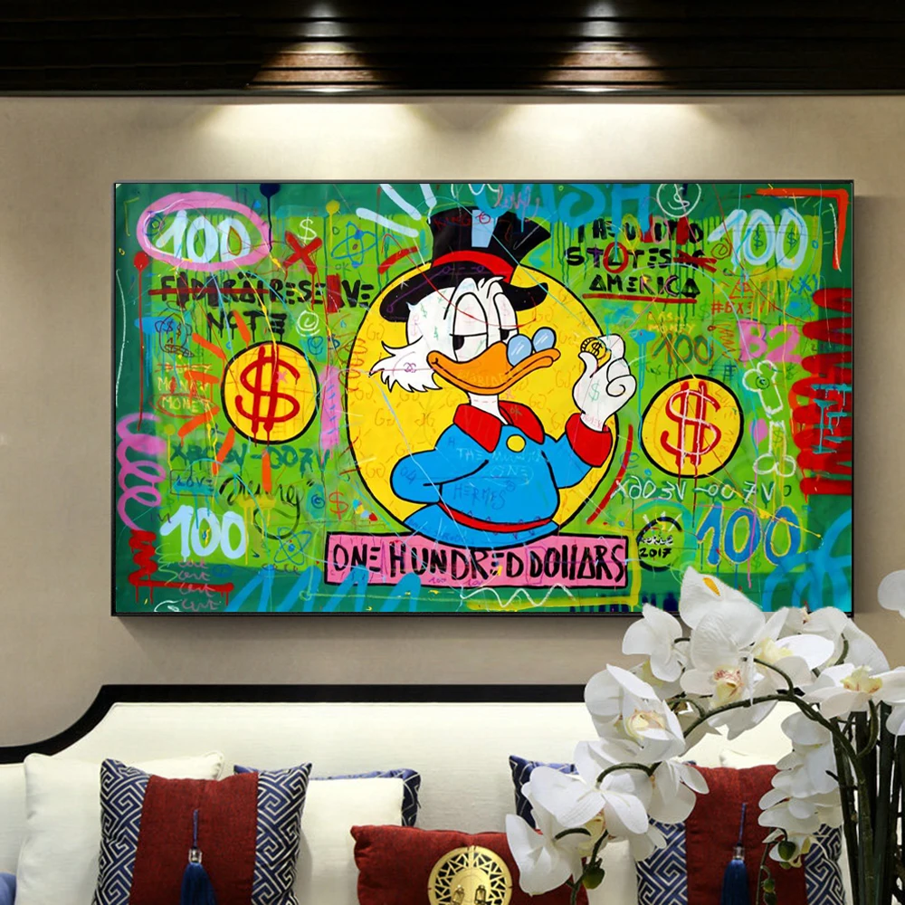 

Disney Graffiti Art Anime Posters and Prints Painting Canvas Wall Art Donald Duck One Hundred Dollar Picture for Kids Room Decor