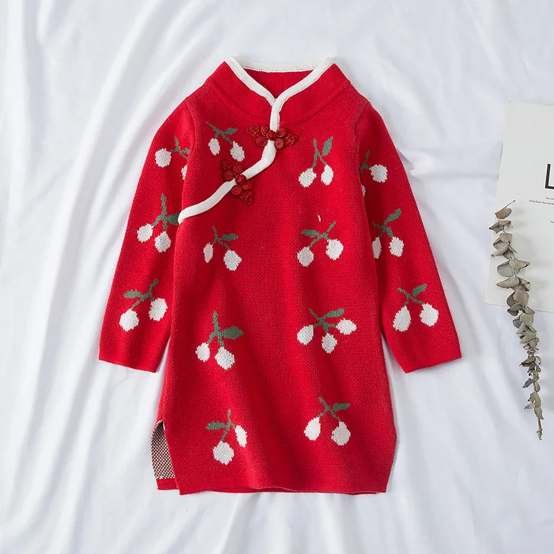 Autumn Winter Cherry Knit Girl Dress New Year Clothes Long Sweater Chinese Style Cotton Children Cheongsam Dress 2-6 Years