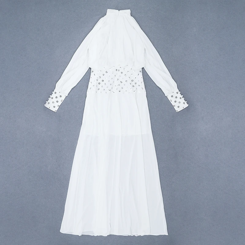

2019 New Fashion Elegant White Long Dress Slim High Neck Crystal Long Sleeve Dress Solid Mesh Evening Celebrity Party Vestidos