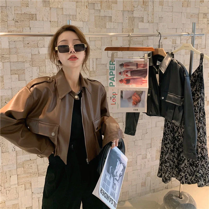 

Women Faux Pu Leather Jackets Female Top Outerwear Pocket Zipper Coats Slim Biker Jacket Motorcycle Womens Clothing 2021