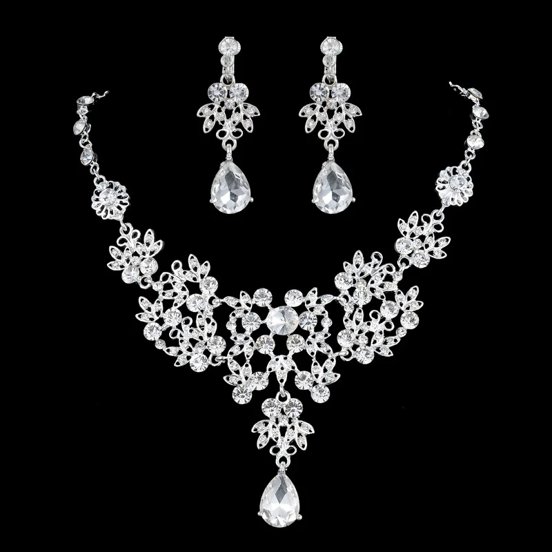 

2021 Silver Color Crystal Necklace Earrings for Women Wedding Jewelry Sets Whit K Plated Bridal Jewelry Set With Tiaras & Crowns