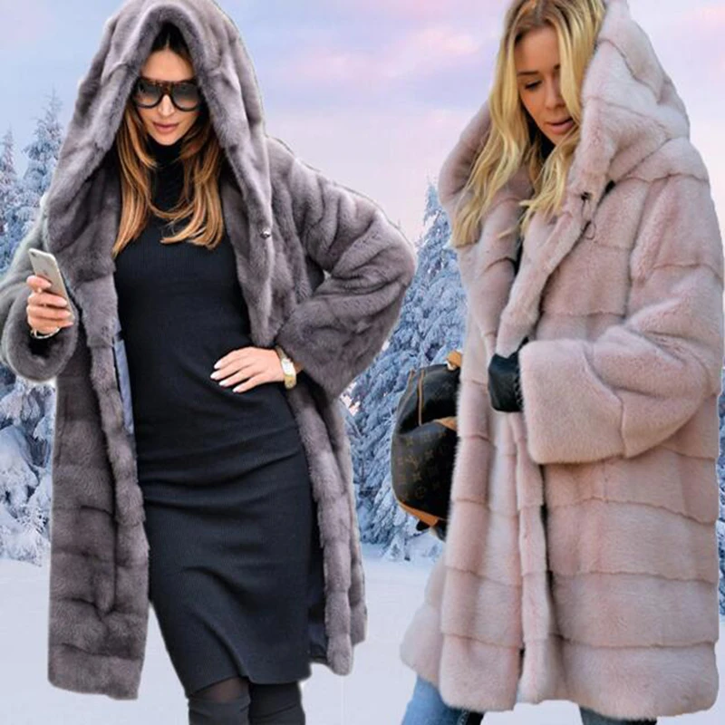 

Faux Fur Coat Plus Size Hooded Warm Clothes Winter Fashion Ladies Plush Clothes Fluffy Thick Clothes With Pockets 2021