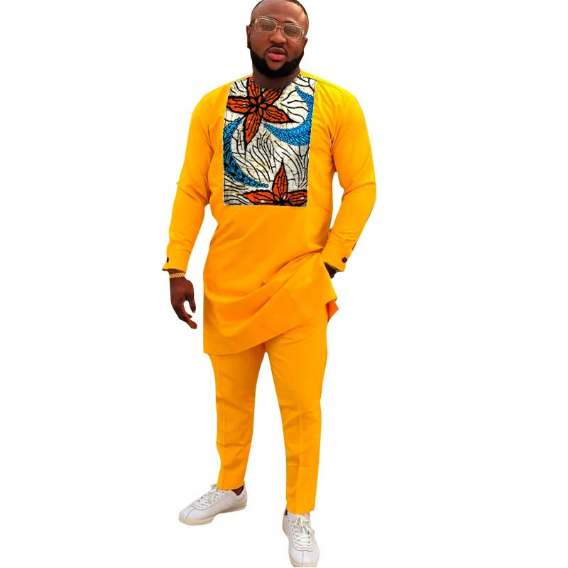 Мужской комплект одежды желтый хлопковый лоскутный топ с Африканским принтом +