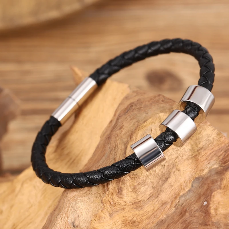 Браслет мужской из натуральной кожи 5 мм нержавеющей стали | Украшения и