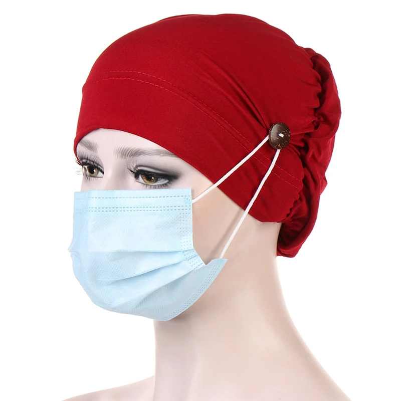 

Practical Button Imitation Muslim Hat Headscarf Hat Casual Solid Multicolor Chemotherapy Hat For Female Clothing Accessories