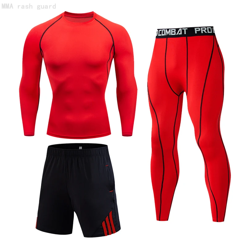 

Men Compression set MMA Long Sleeve T-shirt Men's Tight Pants Fitness Bodybuilding Clothes Skull Top Rashguard Sport Suit Men-1