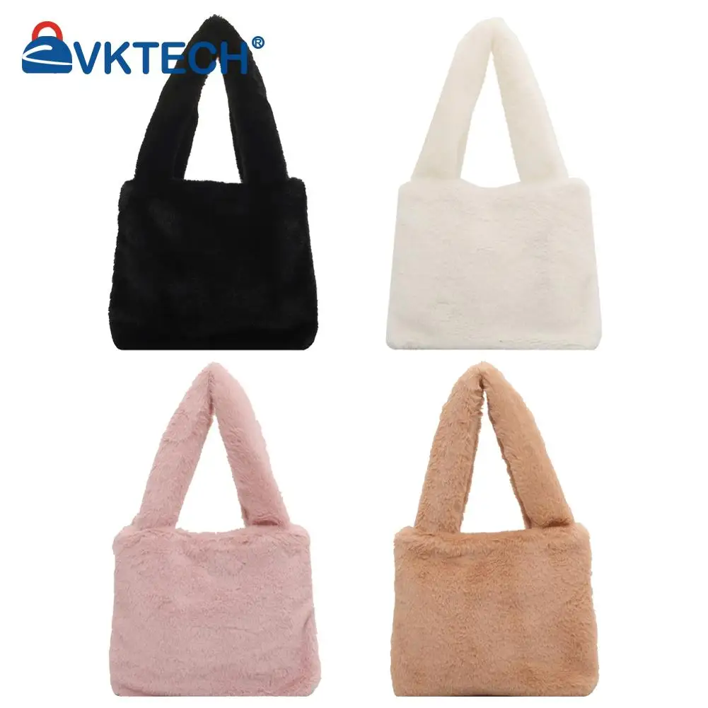 

Women Plush Solid Color Bucket Bag Lady Warm Fabric Small Top-handle Bag