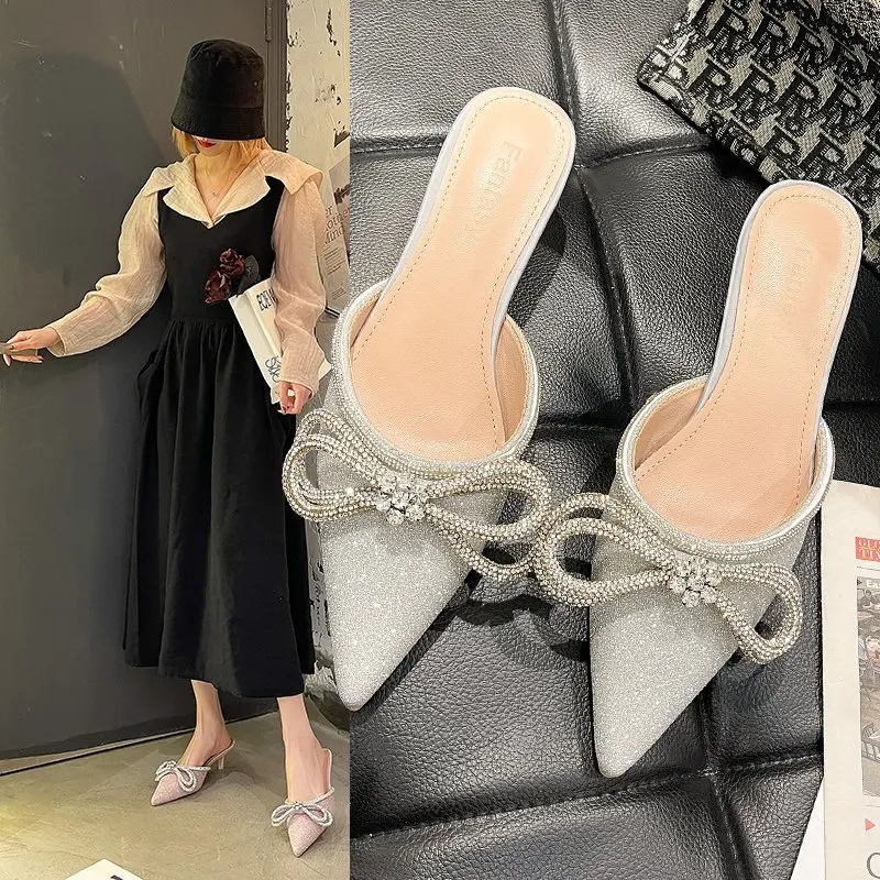 

Fashion shoes Crystal bow Casual Summer Outdoor women Sandals Ladies Flip Flops Stiletto high heel slippers zapatillas mujer