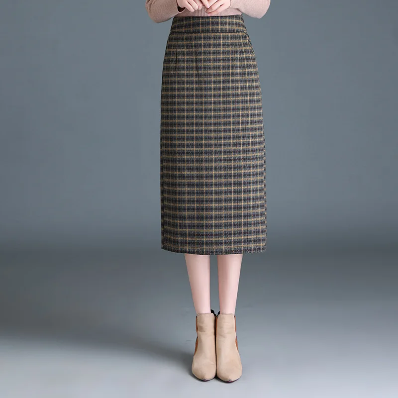 

Женские юбки с эластичной завышенной талией, облегающие повседневные Прямые юбки средней длины в клетку, элегантные шикарные осенне-зимние...