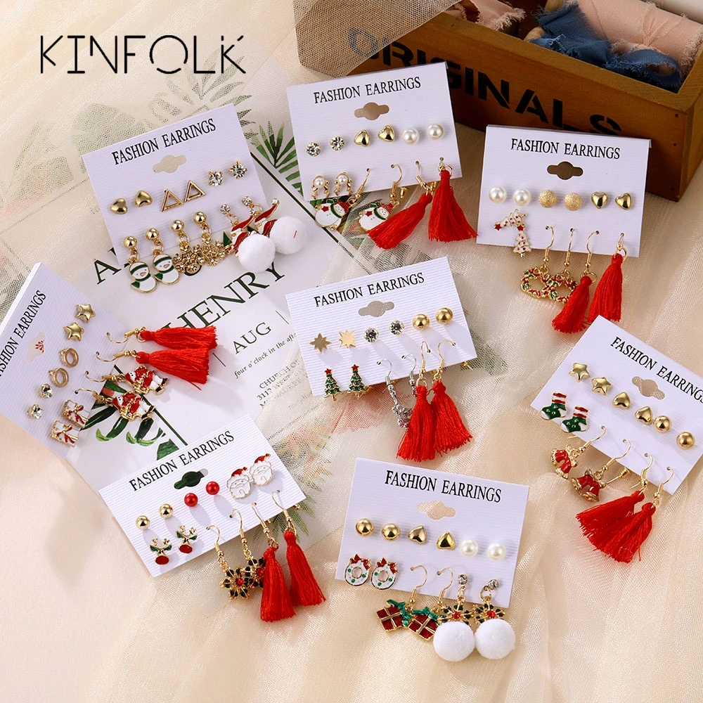 

KINFOLK Pairs Christmas Earrings Christmas Christmas Deer Christmas Tree Stud Earrings Set Jewelry Pendientes New Year Gifts