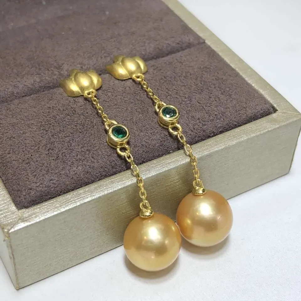 

D101 Pure 925 Sterling Silver Fine Jewelry Edison Golden 9-10mm Round Pearl Dangle Earrings for Women Fine Pearl Earrings