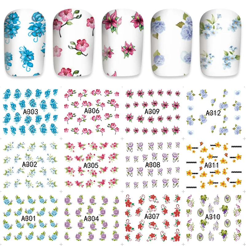 12 видов конструкций красочные наклейки для ногтей набор смешанных цветочных