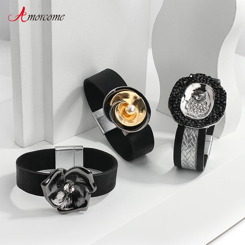

Amorcome Fashion Bracelet for Women 2020 Big Metal Geometric Flower Charm Black Wide Leather Bracelets Bangles Jewelry Pulseras