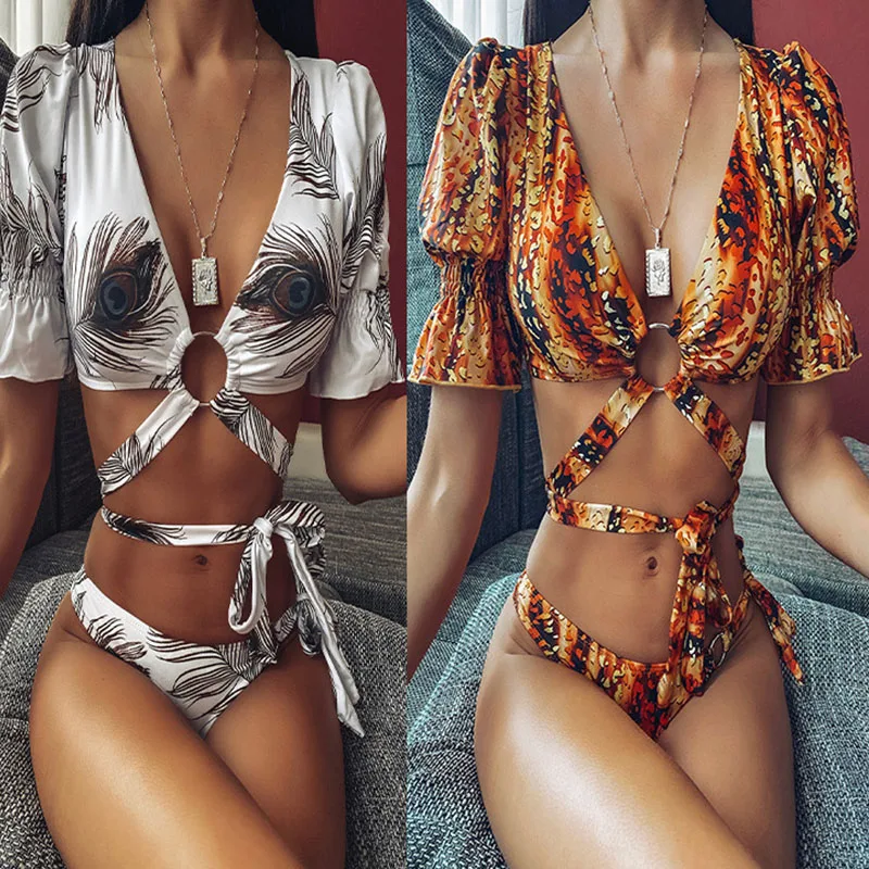 

Mindstream Short Sleeve Leopard Print Bikini Breathable Quick Dry Two Piece Swimsuit Bubble Sleeves Bandage Swimsuit High Waist