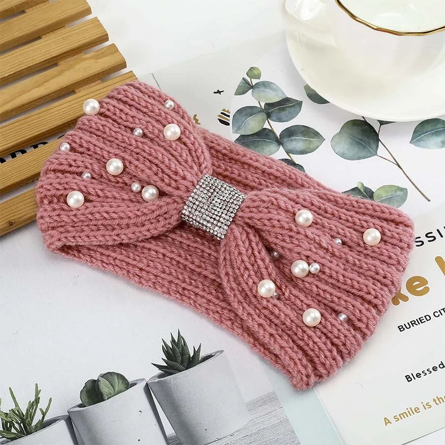 pink Повязка для волос, женский головной убор, шерстяная вязаная повязка на голову, ручная работа, сохраняющая тепло, повязка для волос, парикмахерские аксессуары для волос - Цвет: pink