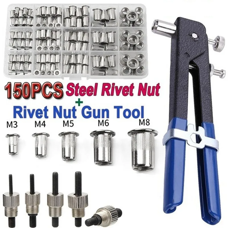 

150PCS Hand Riveter Nut Rivet Gun Kit M3/M4/M5/M6/M8 Manual Threaded Nut Rive Tool Stainless Steel Household Repair Tools
