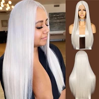 krismile lace front futura fiber t part long straight synthetic wig silver white for women party daily use high temperature