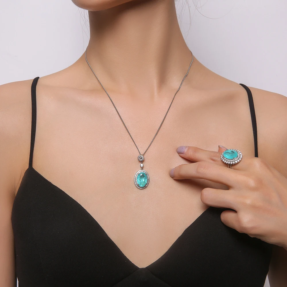 

Luomansi Luxury S925 Sterling Silver Paraiba Tourmaline Created Moissanite Earrings/Rings/Pendant/Necklace Wedding Jewelry Sets