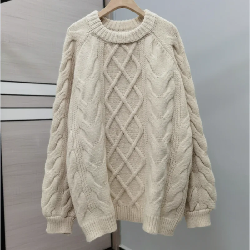 

Autumn And Winter Korean Loose Retro Twist Striped Knitted Tops Women Casual Round Neck Long Sleeve Pullover Sweater