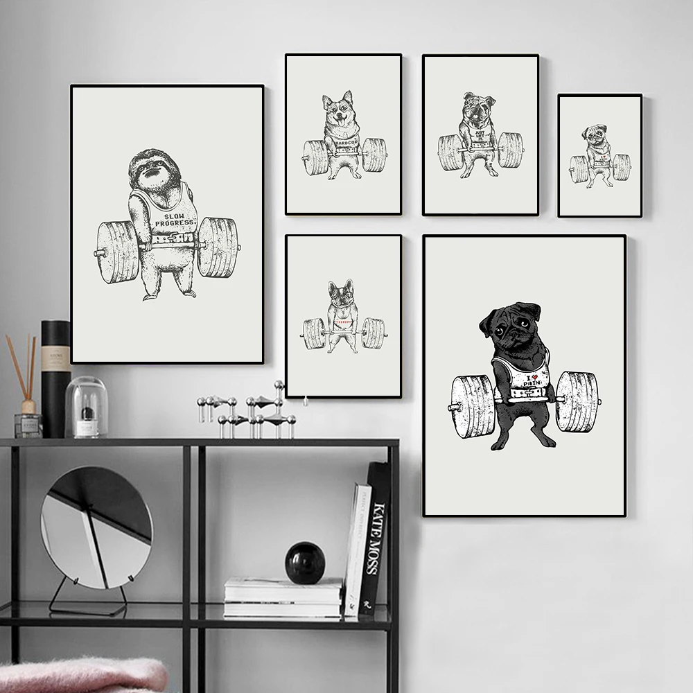 

Black White Animal Lift Sports Canvas Painting Pug Bulldog Sloth Cat Do Excercise Poster Gym Wall Art Print Pictures Room Decor