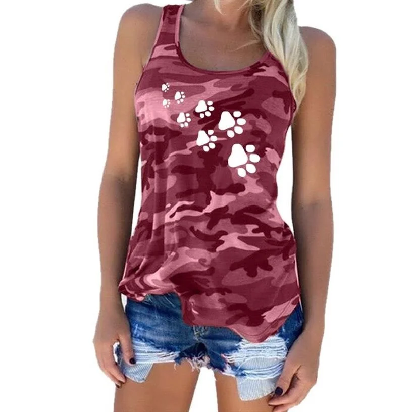 

New Fashion Camouflage Dog Paw Print T-Shirt For Women Sleeveless Top Femme Harajuku Female