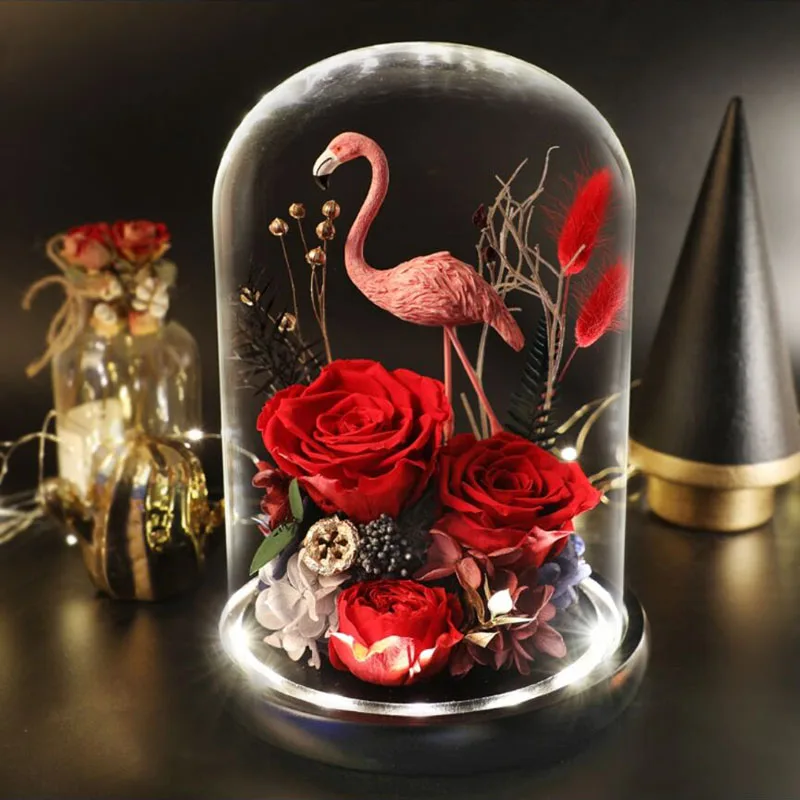

New Year's Artificial Dried Flower In Glass Dome Eternal Rose Home Decor With LED Light For Christmas Valentine's Birthday Gifts