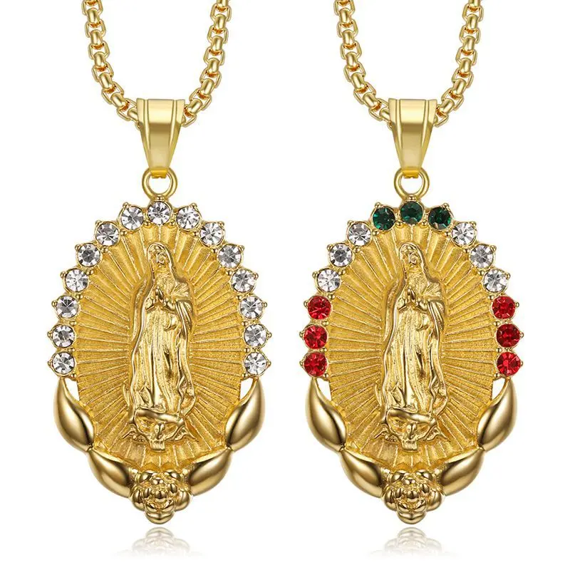 

Hip Hop Iced Out Bling Holy Virgin Mary Pendant & Chain Gold Color Stainless Steel Madonna Necklace For Women Catholic Jewelry
