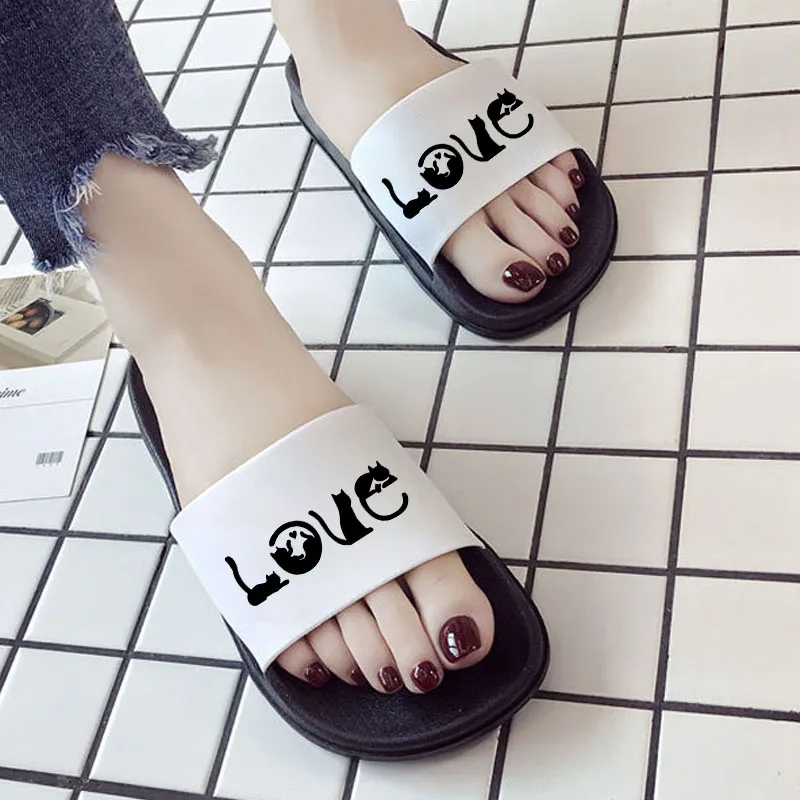

Shoes For Women 2021 Fashion Home Slippers Black Cats Print floor Slides Beach sandals Non-slip Summer Female shoes Plus Size 41