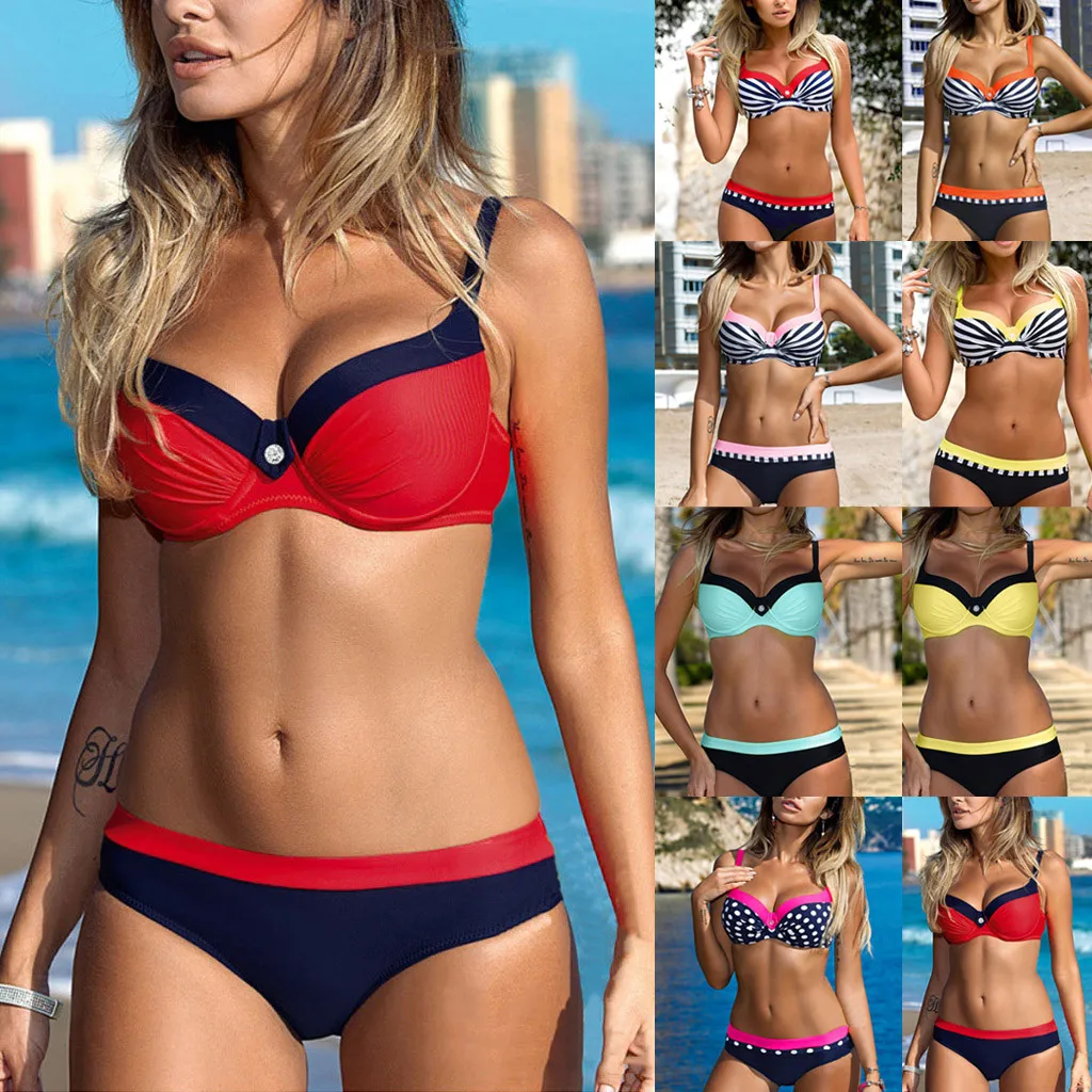 

Women's Sexy Bikini Set Solid Color Sling Swimsuit Padded Push-up Bra Swimwear Beachwear Bathing Suit 2021