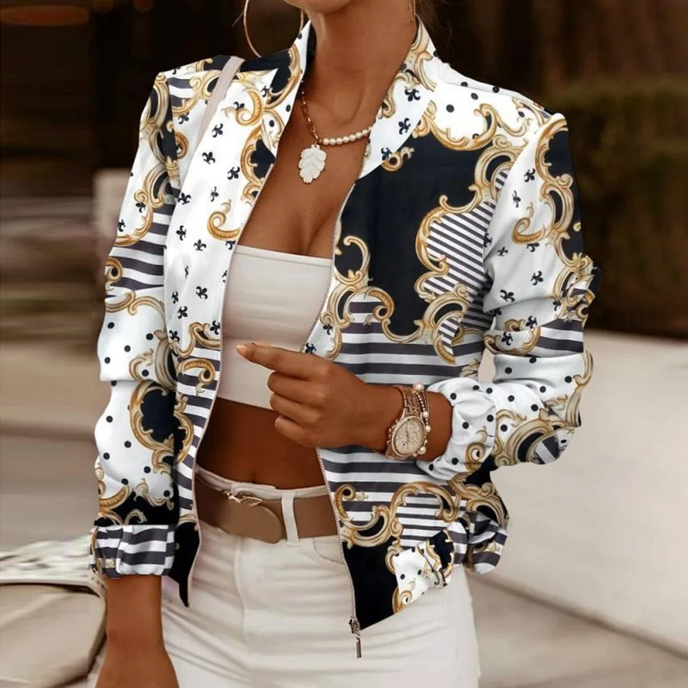 

2021 Spring Autumn Women Thin Jackets Tops Vintage Print Long Sleeve Zipper Jacket Coat Women Casual Outerwear Short Jackets