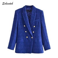 schinotch spring women tweed blazer elegant plaid fashion jacket double breasted chic coat ladys outwear female clothes