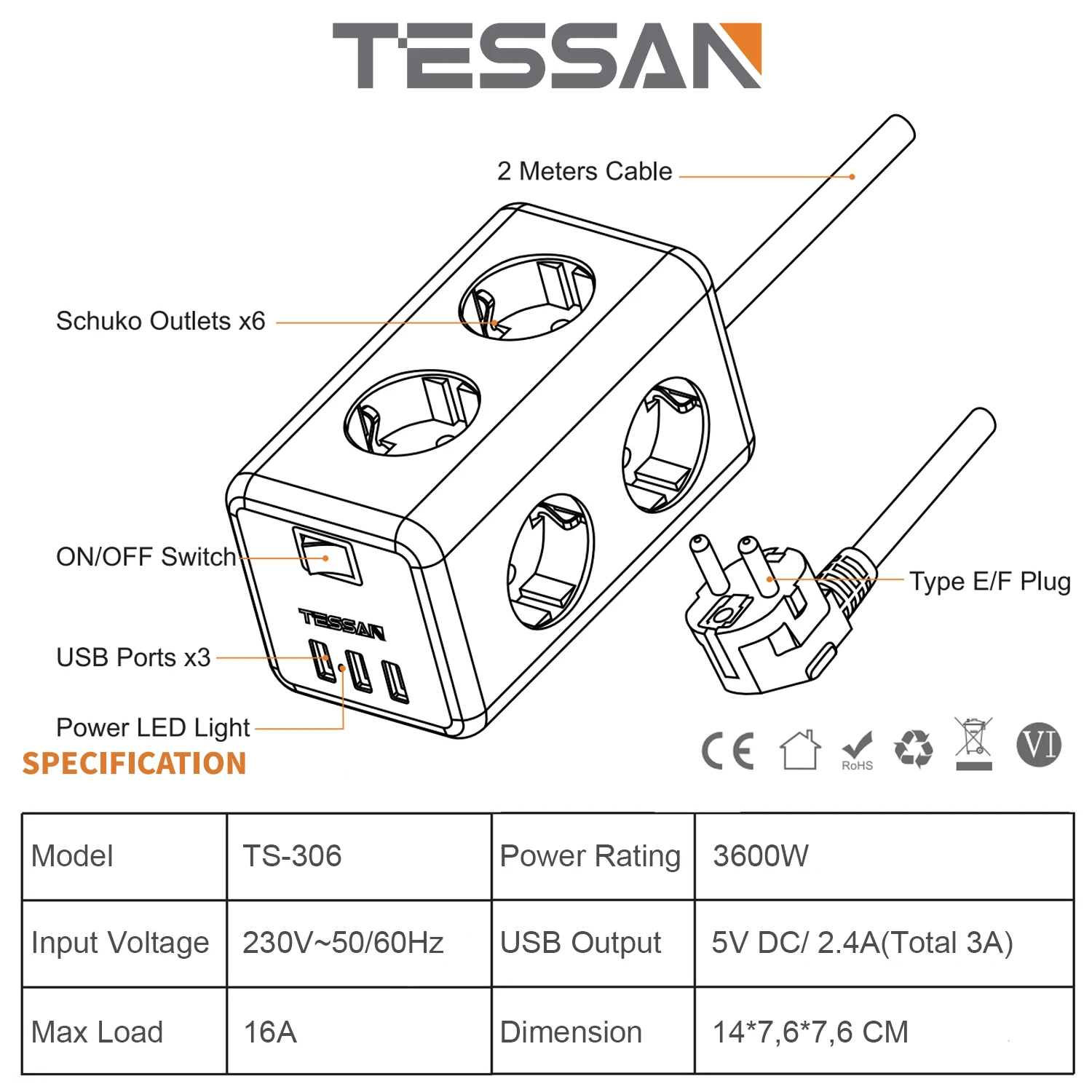 Сетевой удлинитель TESSAN настенный разветвитель с 6 розетками переменного тока 3 USB