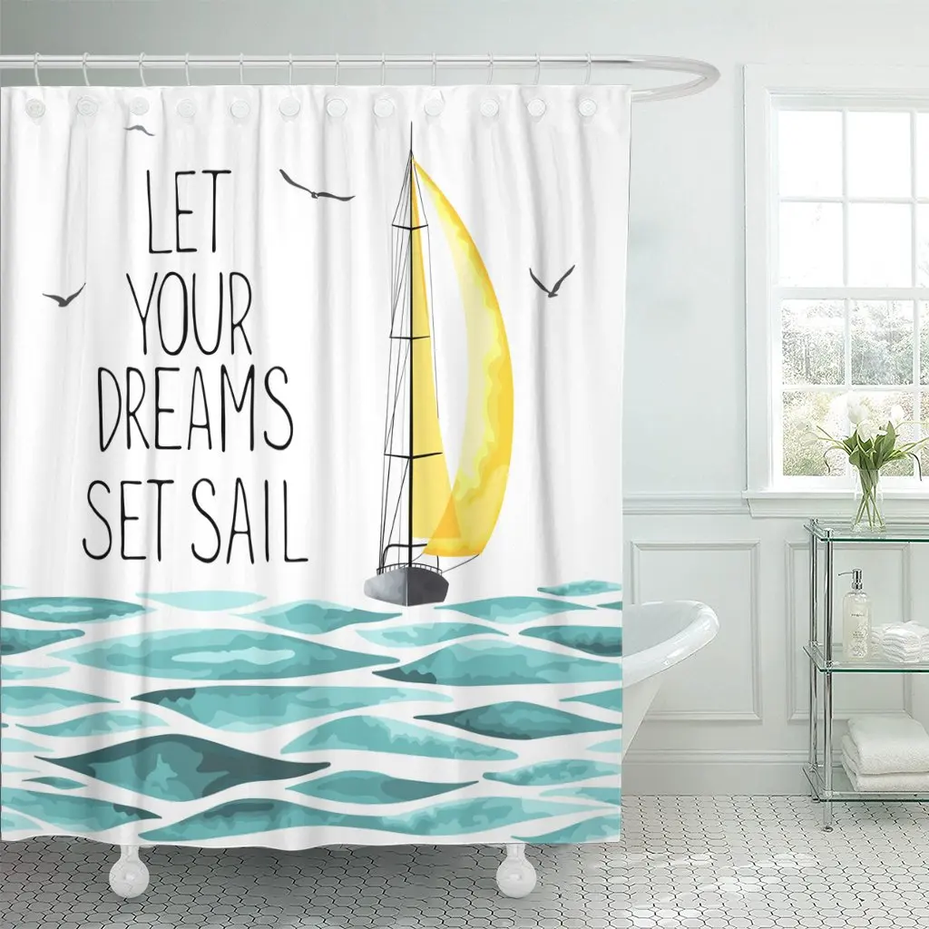 

Sailboat Yellow Sail in The Sea and Seagulls Around Shower Curtain Waterproof Polyester Fabric 72 x 72 Inches Set with Hooks