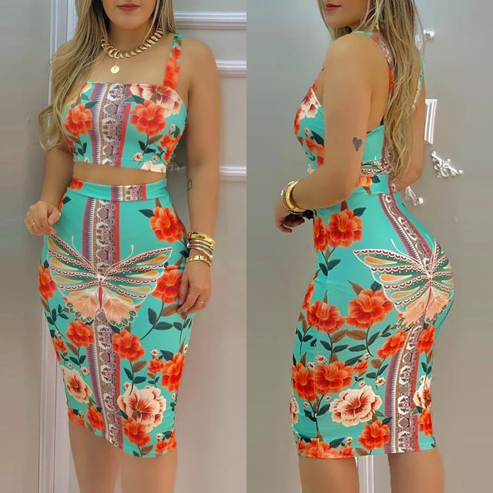 

Women Suit Sleeveless Short Top Tight Skirt Suit Summer Bohemian Vest and Skirt Suit Ladies Floral Print Top Midi Skirt Suit
