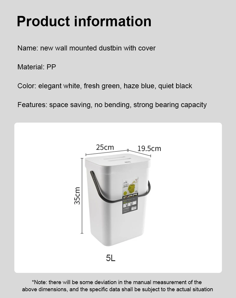 

5L Wall Mounted Trash Can With Lid Kitchen Waste Bin Cabinet Door Hanging Garbage Can Multifunctional Home Dustbin With Lid