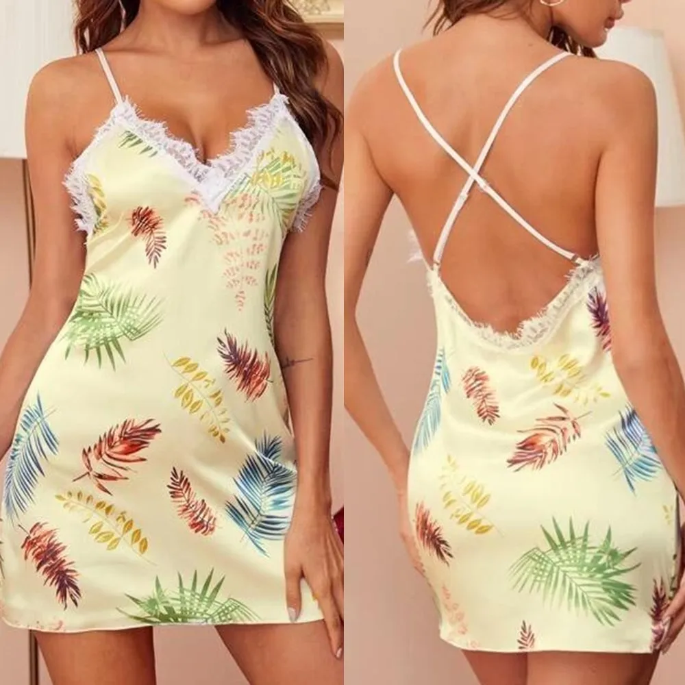 

2021 New Womens Sexy Lingerie Lace V-Neck Mini Nightdress Full Slip Camisole Nightie Ladies Sleepwear Homewear