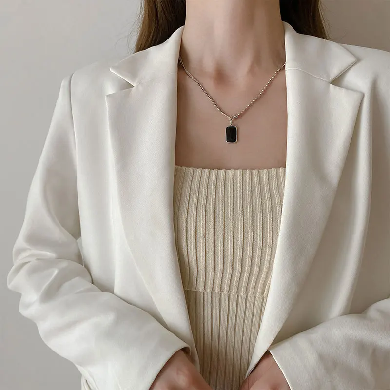 

FMILY Retro 925 Sterling Silver Black Square Necklace Fashion Creative Geometric Trendy Jewelry for Girlfriend Gifts