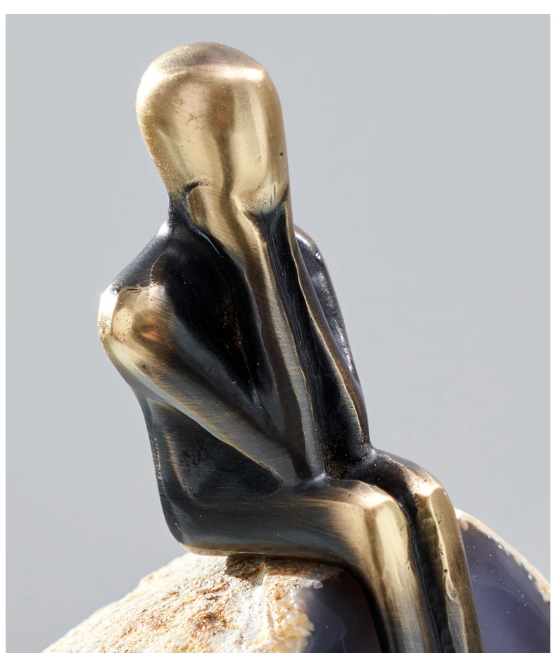 

Modern Abstract Brass Figure Sitting On Agate Stone Think Statue Desktop Ornaments For Home Decor Accessories Marble Crafts Gift